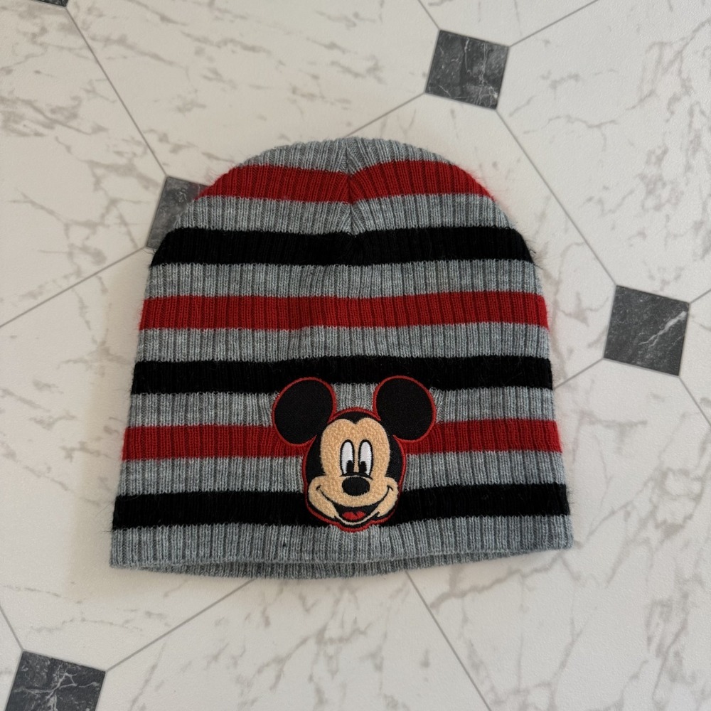 Disney Mickey Mouse Striped Beanie Gray Red Black Kids 2T–5T Knit Hat